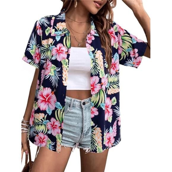 Women Hawaiian Shirt Soft Cool Summer Hawaii Shirts Floral Tropic Print - Picture 6 of 6